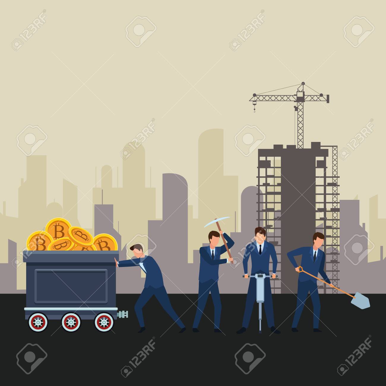 Businessmen Pushing Mining Cart With Cryptocurrency Bitcoin And - 